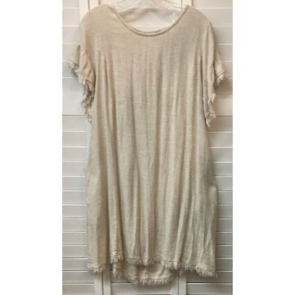 Umgee Womens Beige Textured Tunic Dress With Fringe Hem & Cutout Back Detail - Picture 1 of 4